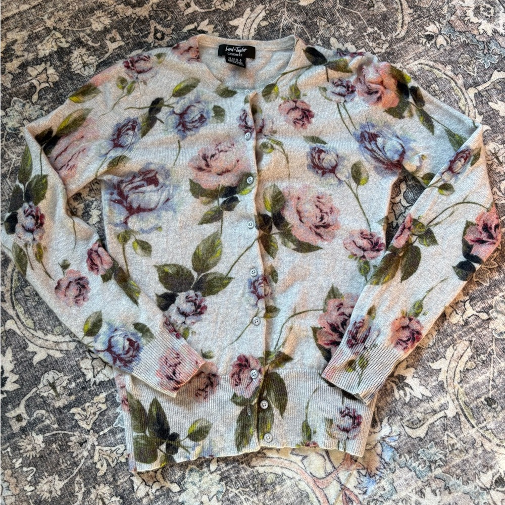 Cashmere Floral Button-Up Cardigan